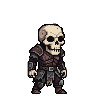 Menacing warrior with a skull head, wearing tattered dark armor.