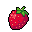 Pixelated strawberry, blackberries, and blueberries.