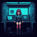 Young woman with reddish-brown hair and purple tights sits centrally on a ledge, wearing a dark blue jacket. Her hands are in her lap, and her expression is neutral. The background depicts a pixelated control room with screens and equipment in cool blue and purple tones. A row of lights is visible above her.