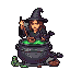A witch in a pointed hat and dark robes stirs a luminous green potion in a cast-iron cauldron.