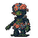 A small, plant-like humanoid creature with bark texture and green foliage stands centrally against a muted reddish-brown background. It has a happy expression with dot eyes, a curved mouth, and pink cheek blushes. Orange and blue-grey flowers and small leaves are scattered across its body and form bushy hair.