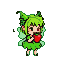 A green pixie with leafy clothes and delicate wings joyfully eats a bright red strawberry, eyes closed in contentment, with a faint ethereal glow.