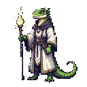 A pixelated gecko wizard stands ready, staff in hand, against a dark backdrop. This charming character exudes a magical, fantasy vibe with its detailed robes and glowing staff. The image evokes a sense of nostalgia and adventure.