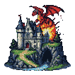 A red dragon breathes fire onto a multi-turreted castle on a rocky cliff.