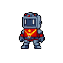This pixel art features a retro-futuristic robot with a TV-screen head, a red suit emblazoned with a gold star, and metallic-gray limbs. The design evokes a playful, arcade-game aesthetic.