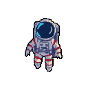 Astronaut in a gray, white, and muted blue spacesuit with red highlights, arms outstretched and legs bent, floating against a dark muted blue background.