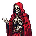 A skeletal lich in a red robe raises a bony hand in this pixel art portrait, radiating both ominous power and an air of ancient wisdom. The figure's haunting presence is amplified by a dramatic color palette of reds, creams, and blacks.