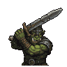 Close-up of a muscular orc warlord holding a jagged sword, with weathered armor and a fierce expression.