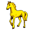 Golden horse in mid-gallop with flowing mane and tail against a dark, pixelated background.