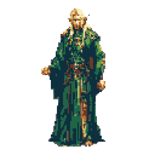Standing fantasy character in an elaborate green robe with gold trim and a pale golden helmet, facing forward against a gray background.