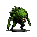 A monstrous, plant-like creature snarls with sharp teeth, its leaf-crowned head and muscular limbs poised for action. This pixel art evokes a sense of primal danger through its detailed shading and aggressive pose.