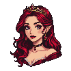 Regal Elf Woman: Crimson Hair, Ruby Tiara, Contemplative Gaze