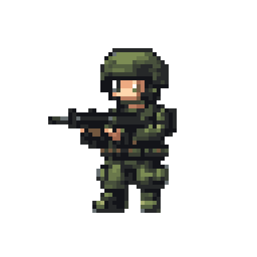 A pixel art soldier stands ready, rifle in hand, their muted green and brown uniform hinting at a serious military mission. The side-facing pose and upright posture exude alertness.