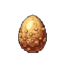 This pixel art features a solitary, textured egg, possibly of dragon origin, rendered in warm browns and yellows. Its central placement and detailed surface evoke mystery and anticipation. The egg appears ancient and powerful, hinting at the fantastical.