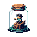 A pixel art image shows a young child, trapped inside a glass jar, sitting serenely on a tree stump and gently waving. The confined space and the child's calm expression evoke a sense of quiet contemplation and peaceful resilience.