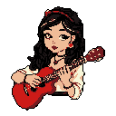 Stylized female character playing a ukulele, with wavy dark hair, red cherry-shaped earrings, and an off-the-shoulder top.