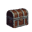 A weathered wooden treasure chest with metal banding and latch closes, revealing red rounded objects inside.
