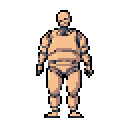 Full-body crash test dummy standing forward, facing the viewer. The dummy is beige and brown with dark blue/grey accents, with dark outlines suggesting joints. The background is plain light brown.