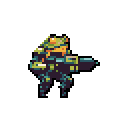A heavily armored, bipedal figure in dark blue and black, facing right, holds a cylindrical weapon. A vibrant green frog sits atop its head. The background is a solid muted orange-brown.