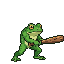 A determined green frog warrior with wide, focused eyes swings a wooden club forward aggressively.