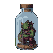 A small green goblin with sharp teeth and glowing eyes claws frantically at the inside of a glass bottle, trying to escape.
