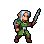 Warrior in green tunic and brown leggings performs a swift sword attack with silver hair flying.