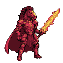 A pixel art knight, an anthropomorphic horse warrior, stands ready with a flaming sword, its fiery glow contrasting against the stoic figure. The limited palette of reds and yellows evokes a sense of retro fantasy and formidable power.