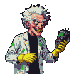 Mad scientist with unkempt white hair and a manic grin, wearing a stained lab coat and gloves, gleefully examines a glowing device.