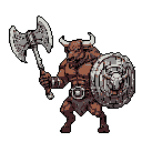 This pixel art depicts a powerful, battle-ready minotaur wielding a massive double-bladed axe and a bull-emblazoned shield. The creature's fierce expression and detailed weaponry evoke a sense of raw power and danger.