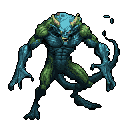 A hunched, monstrous humanoid creature with olive-green skin, blue-teal limbs, and golden-yellow eyes, standing centrally against a dark teal background.