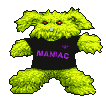 A fuzzy, neon-green creature with floppy ears and glowing orange eyes, wearing a black t-shirt with "MANIAC" in purple, walks forward.