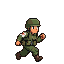 A pixelated soldier in uniform, helmet, and tactical gear, shown in a running animation transitioning through combat stances including crouching to fire a rifle and raising a hand.