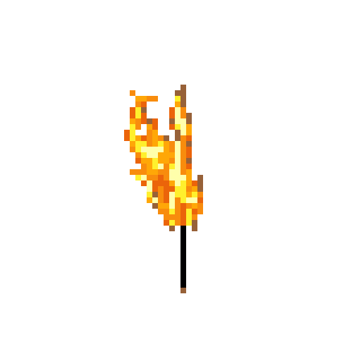 A pixelated torch, with a flickering flame of oranges and yellows, casts light against a simple background. The black stick provides a stark contrast, making this a classic and functional game asset.