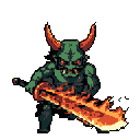 Green-skinned oni with glowing red eyes and a fang, holding a flaming sword horizontally.