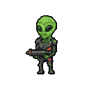 A vigilant green alien, clad in dark armor with orange accents, stands ready with a large weapon. The pixel art character evokes a sense of sci-fi combat with its focused composition and muted color palette.