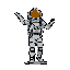 A pixelated astronaut floats in the void, arms outstretched in a welcoming gesture, the orange-brown visor a striking focal point against the grayscale suit. The retro style evokes a sense of wonder and nostalgia.