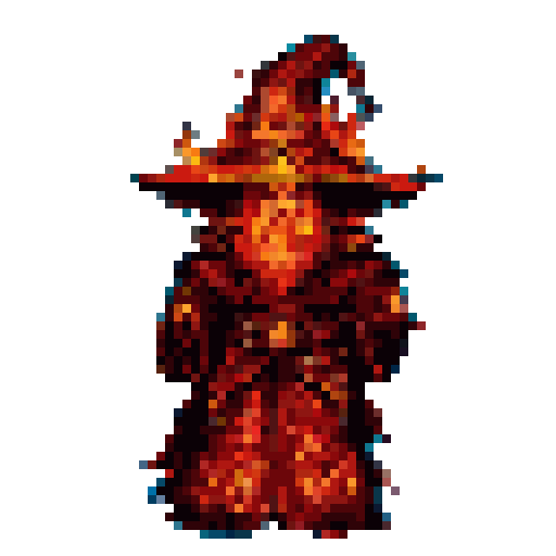 A pixelated fire mage wearing a tall, pointed hat and long robe, both adorned with flickering flames. The character stands centrally against a solid turquoise background.