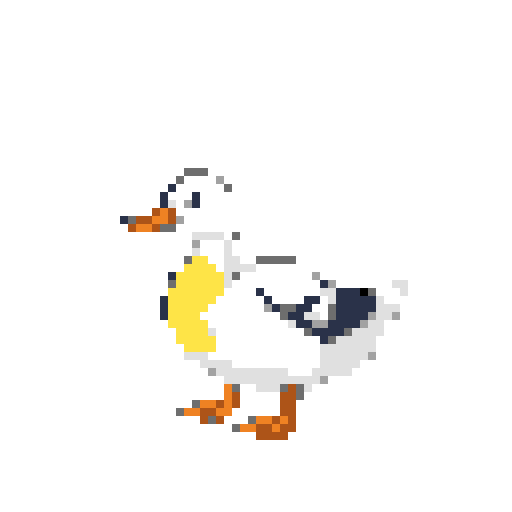 Stylized duck in side view, facing left with head turned back. White body, orange beak and feet, yellow chest patch. Dark blue background.
