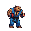 A bear-like fighter in a blue gi, black belt, and red-accented gloves stands in a fighting stance.