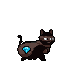 A black cat with gleaming eyes stealthily steals sparkling blue diamonds, carrying them in a sack over its back.