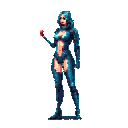 Female character in futuristic teal and blue armor, holding a red cylindrical object.
