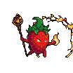 Anthropomorphic strawberry warrior with leafy crown, holding a flaming torch and conjuring a fireball, against a dark, fragmented background.