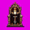 A pixelated, elderly king sits upon his golden throne, his stern expression and jeweled crown conveying a sense of solemn regality. The detailed scepter and ornate throne emphasize his authority and wealth.