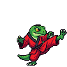 Pixel Art: arcade fighter gecko in red kimono attacks with kick combo