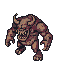 A hulking, horned monster with rough brown skin and bared teeth snarls menacingly, with claws extended in an aggressive charge.