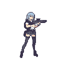 A pixel art woman with silver hair stands ready, rifle in hand, against a dark background. Her tactical outfit and focused stance suggest a character poised for action in a retro-style game.