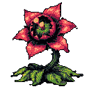 A monstrous carnivorous plant with a gaping red maw, sharp teeth, and pale yellow lures, set against a muted olive green background.