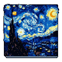 Stylized pixel art of Van Gogh's "The Starry Night," featuring a swirling blue and yellow night sky with a crescent moon and glowing stars above a dark village and cypress tree.