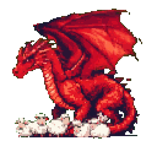 A majestic red dragon protectively watches over a flock of sheep in this pixelated artwork. The scene's contrasting elements—a fearsome beast and gentle creatures—create a whimsical, nostalgic image.