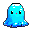 Translucent cyan slime with dark pixelated eyes, slowly moving across a muted checkered background.